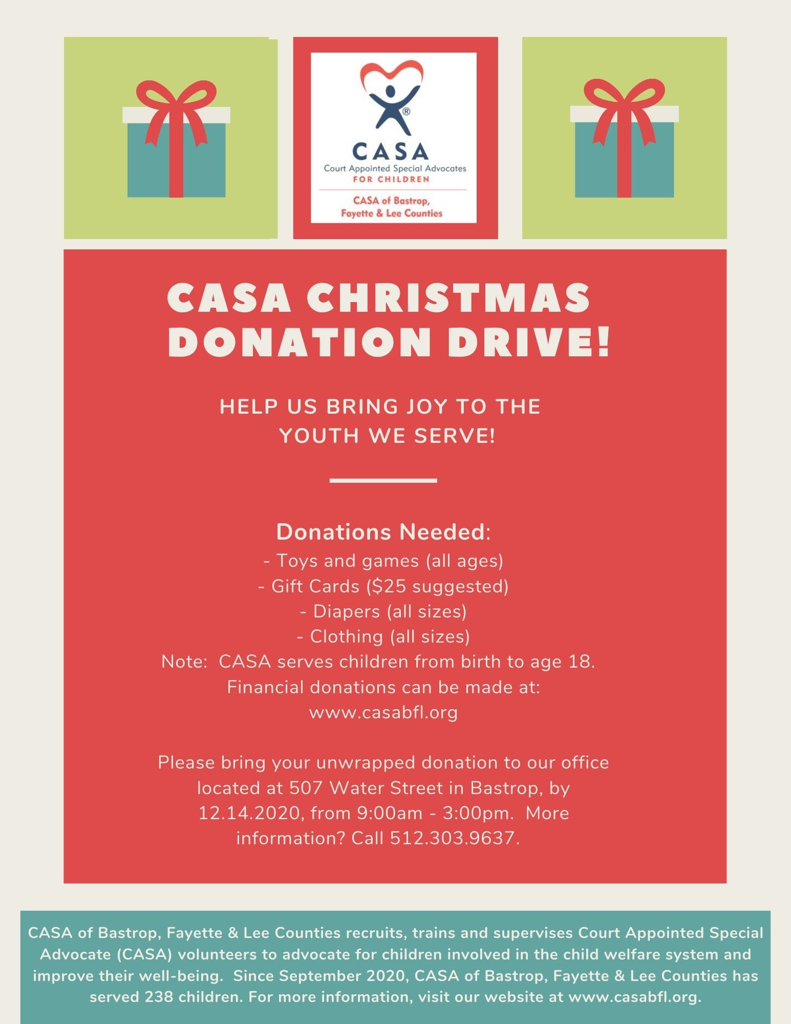 CASA CHRISTMAS DONATION DRIVE! CASA of Bastrop, Fayette & Lee Counties